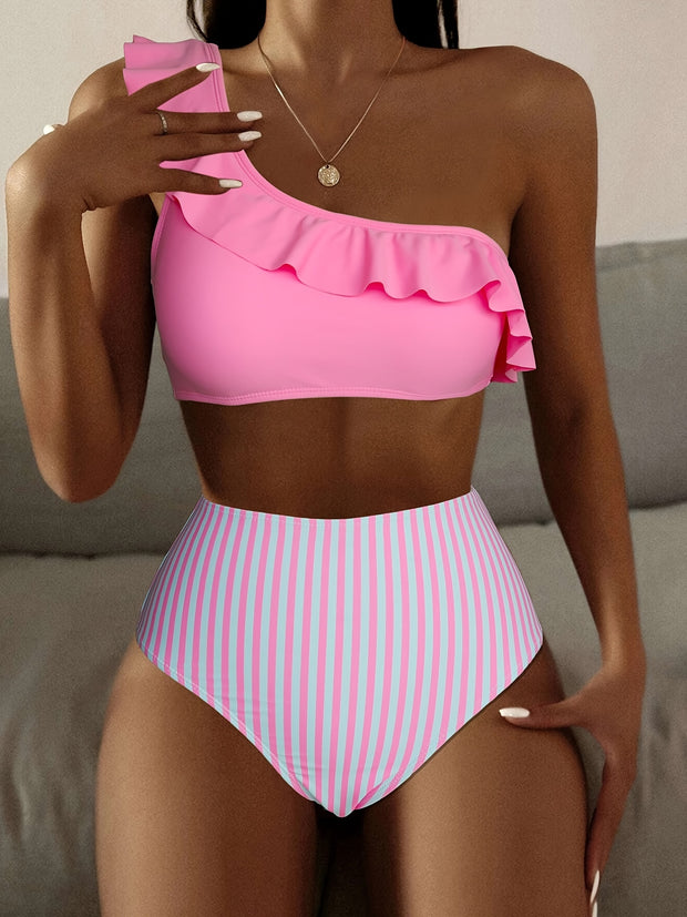 Ruffled One Shoulder Strap Two-piece swimsuit